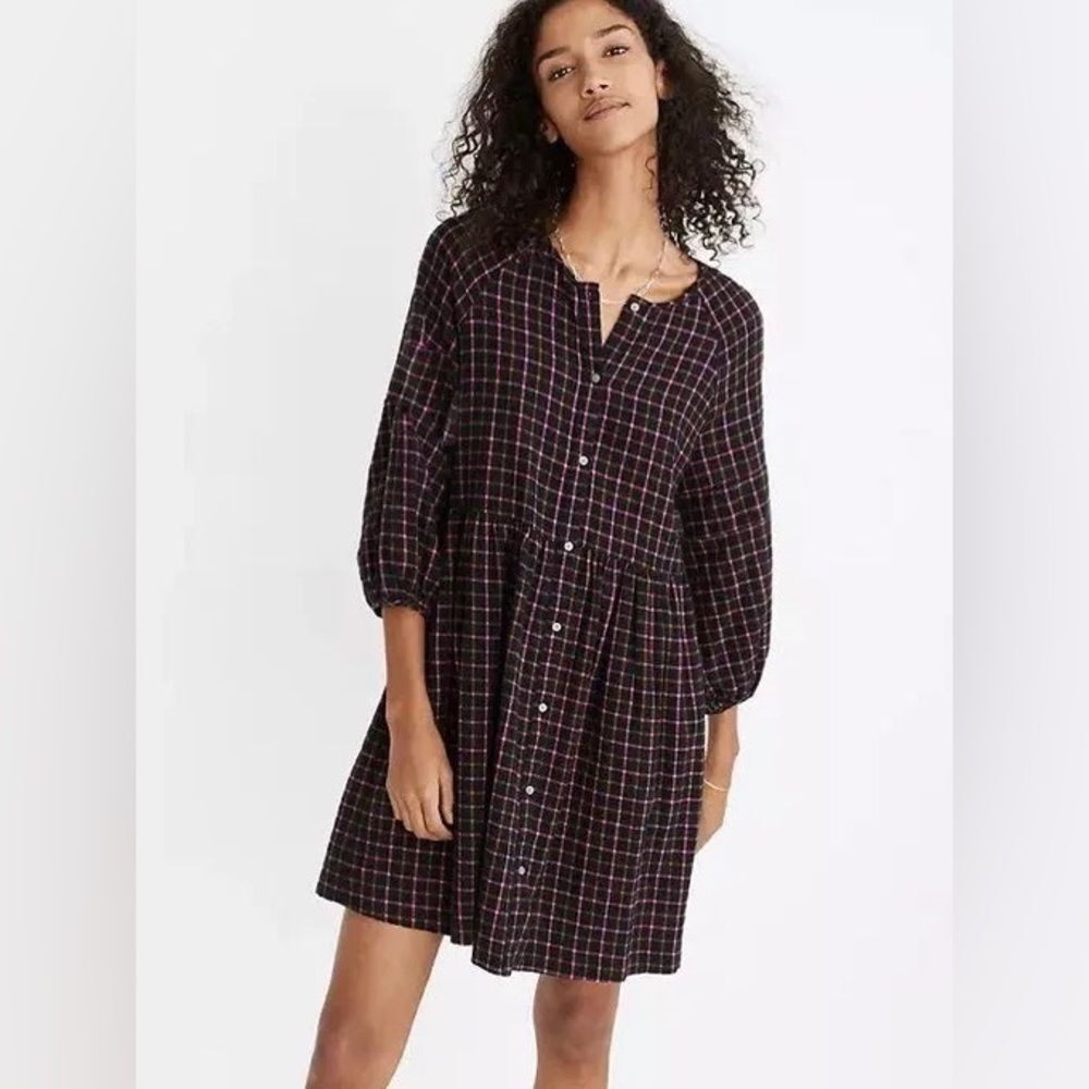 Madewell Women's Plaid Flannel Button-front Shirtdress Size 0 Raglan Sleeve